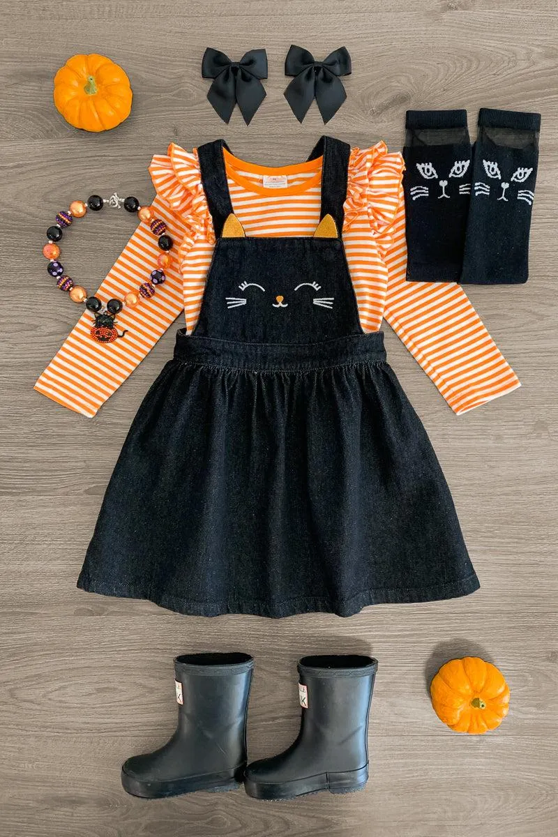 Striped Cat Denim Jumper Dress Set