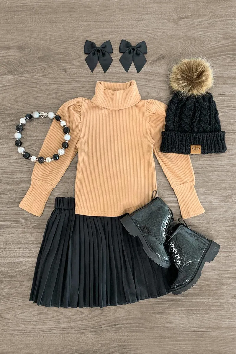 Tan Turtleneck Pleated Skirt Set