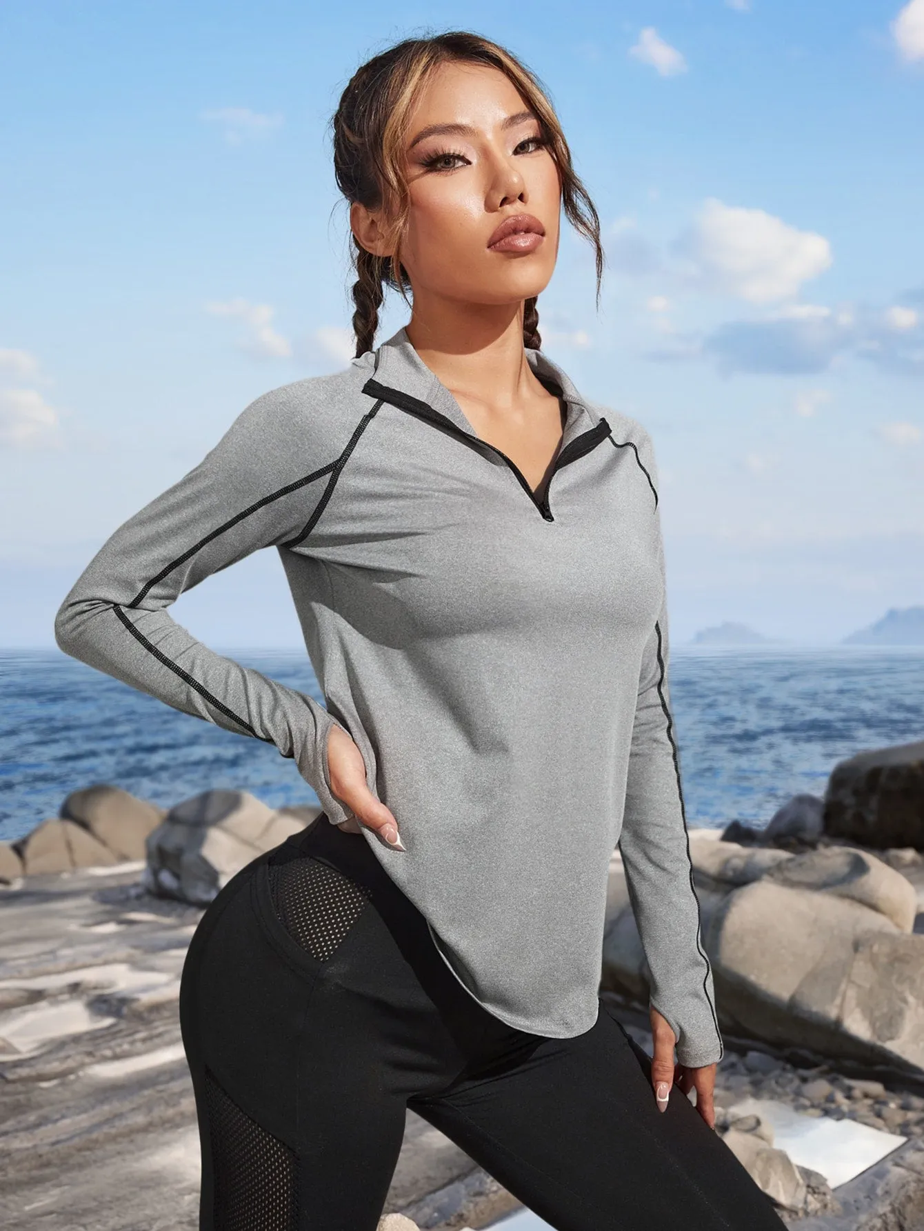 Thumb Holes Raglan Sleeve Sports Sweatshirt