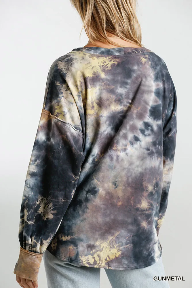 Tie Dye Twisted Collar Top, Gunmetal