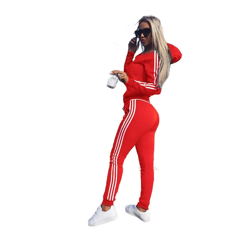 Triple Side Stripe Hooded Zip Jacket & Jogger Pants Sports Set