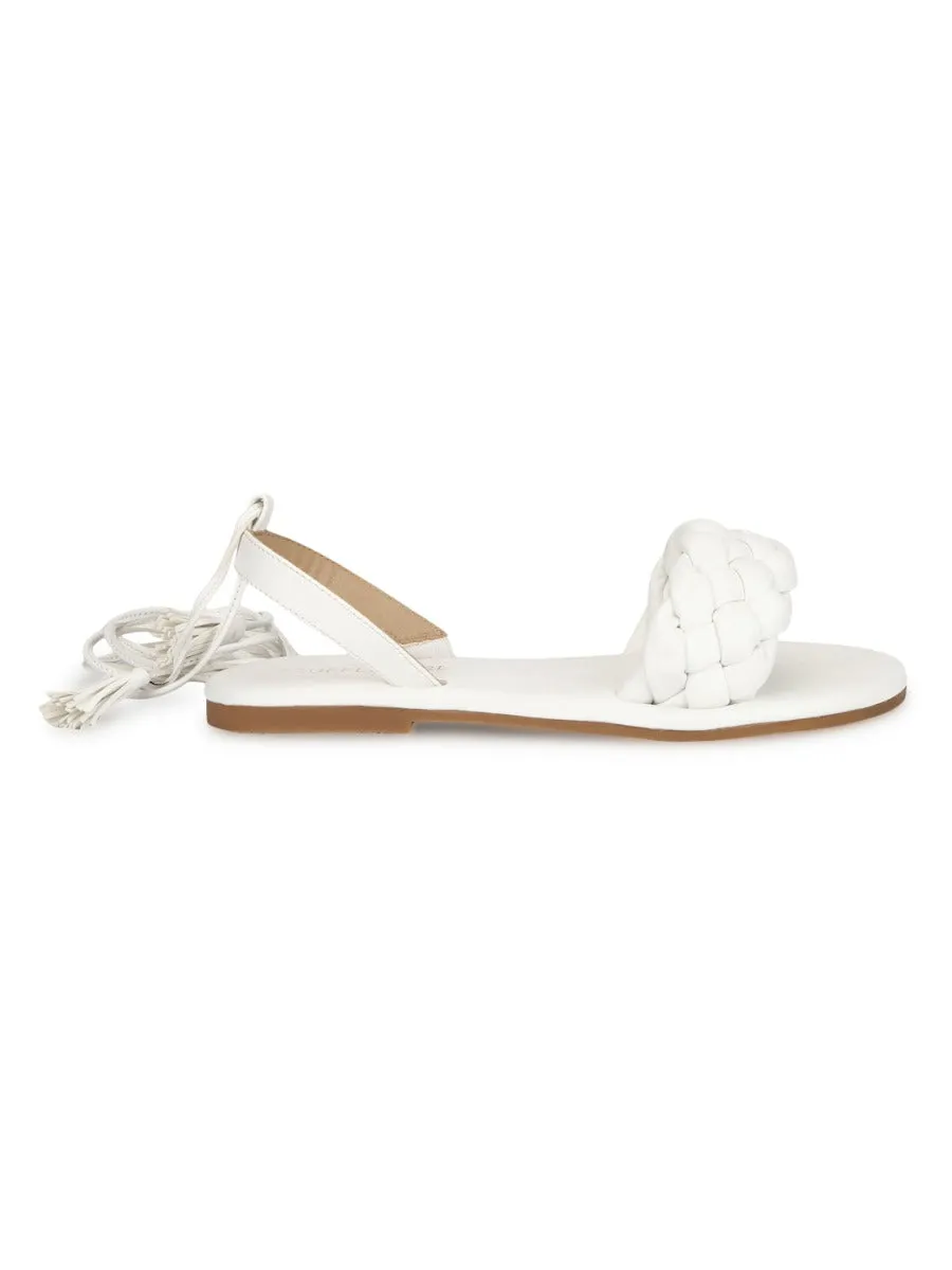 White PU Lace up Flat Sandals