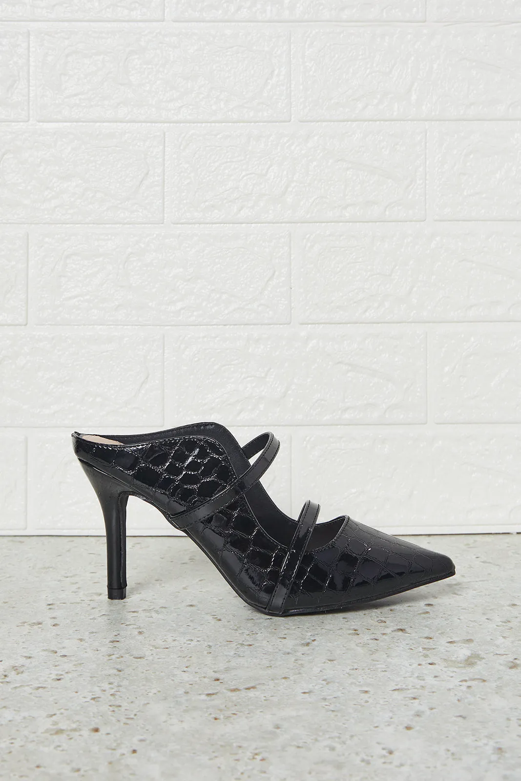 Women Black Croc Embossed Mule