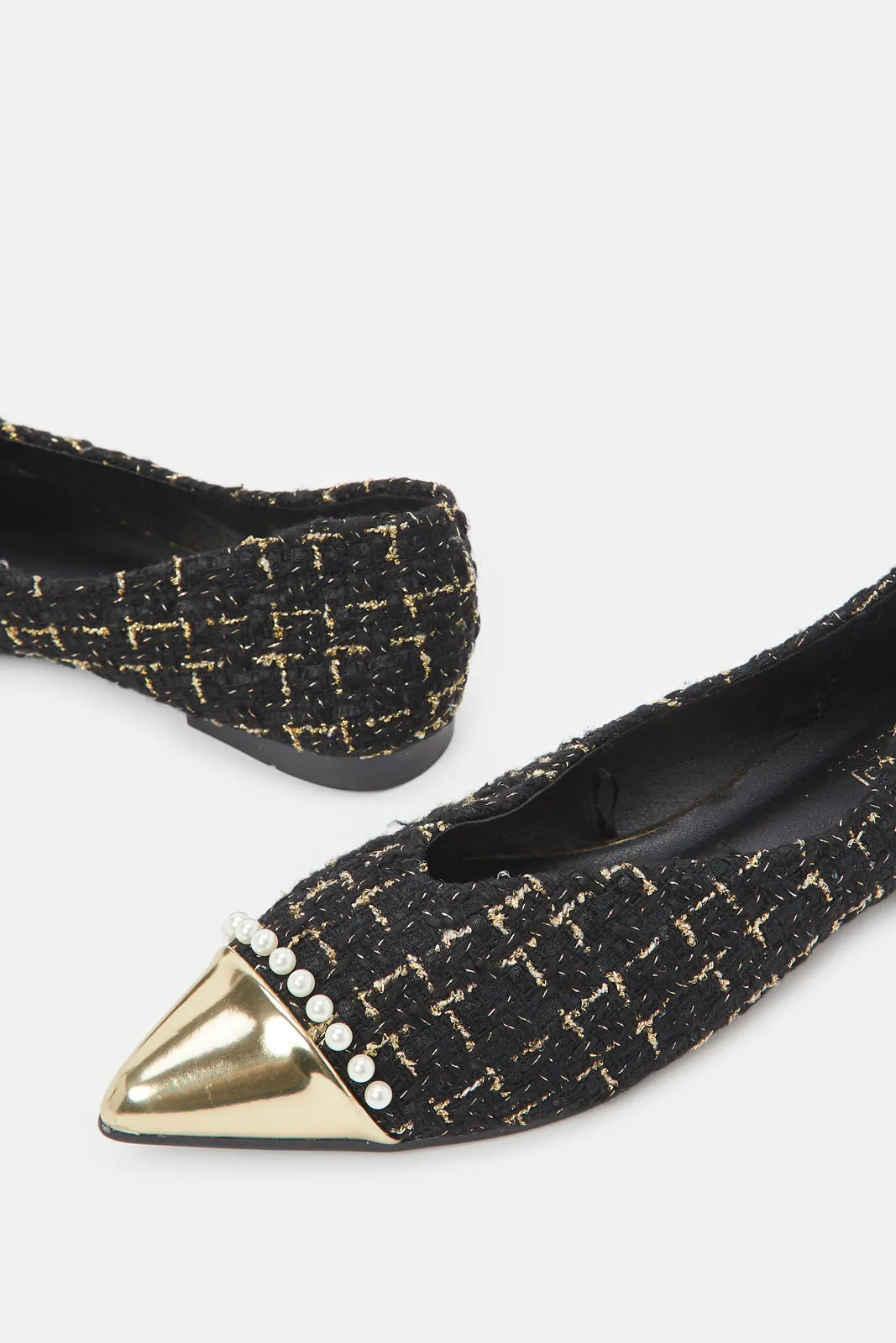 Women Black Tweed Pointy Ballerina