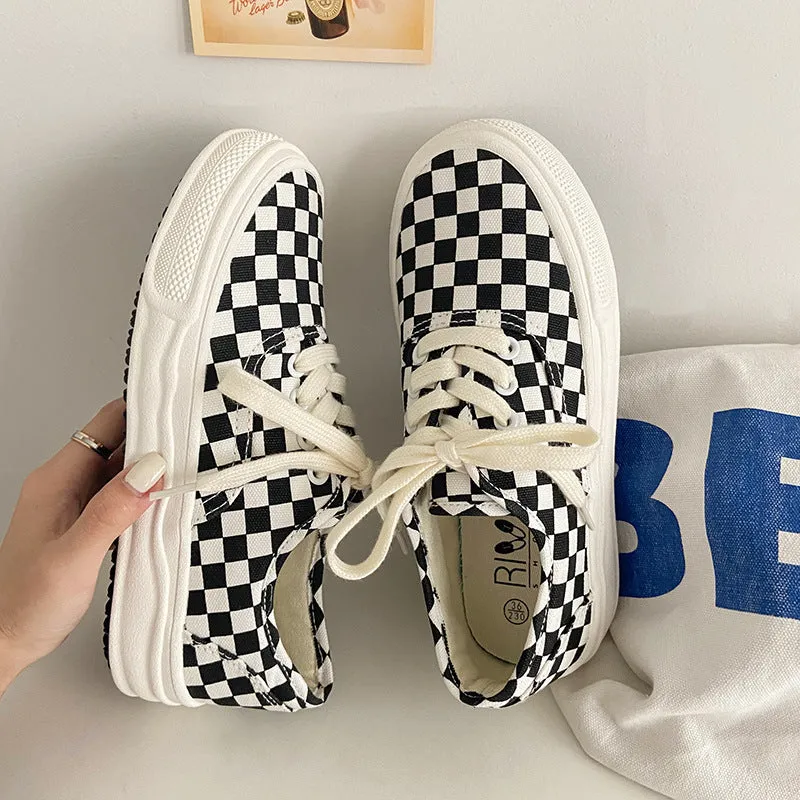 Women's & Men's Plaid Black And White Chessboard Canvas Shoes