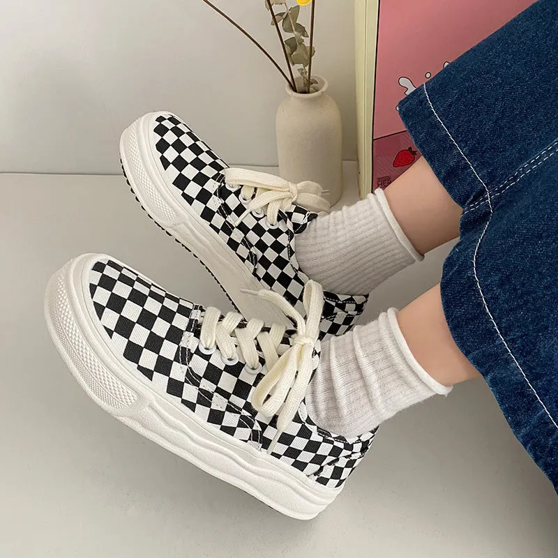 Women's & Men's Plaid Black And White Chessboard Canvas Shoes