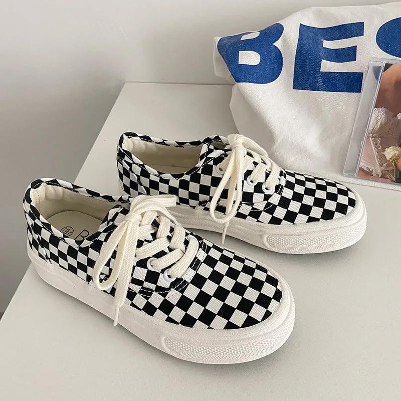 Women's & Men's Plaid Black And White Chessboard Canvas Shoes